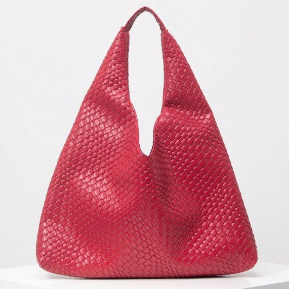 Red Elegant Cream Woven Tote Bag